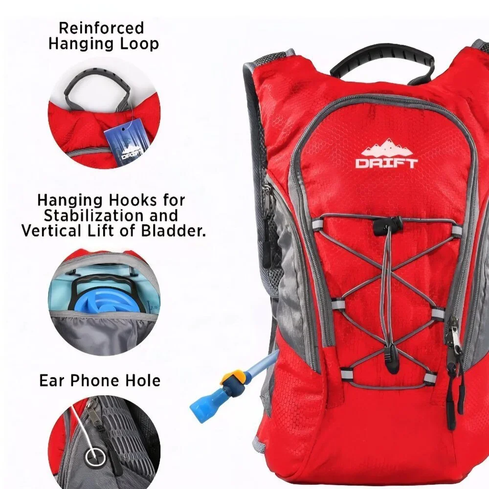 Drift NWT Hydration Backpack With Bladder Red Ripstop Zip Pockets 16